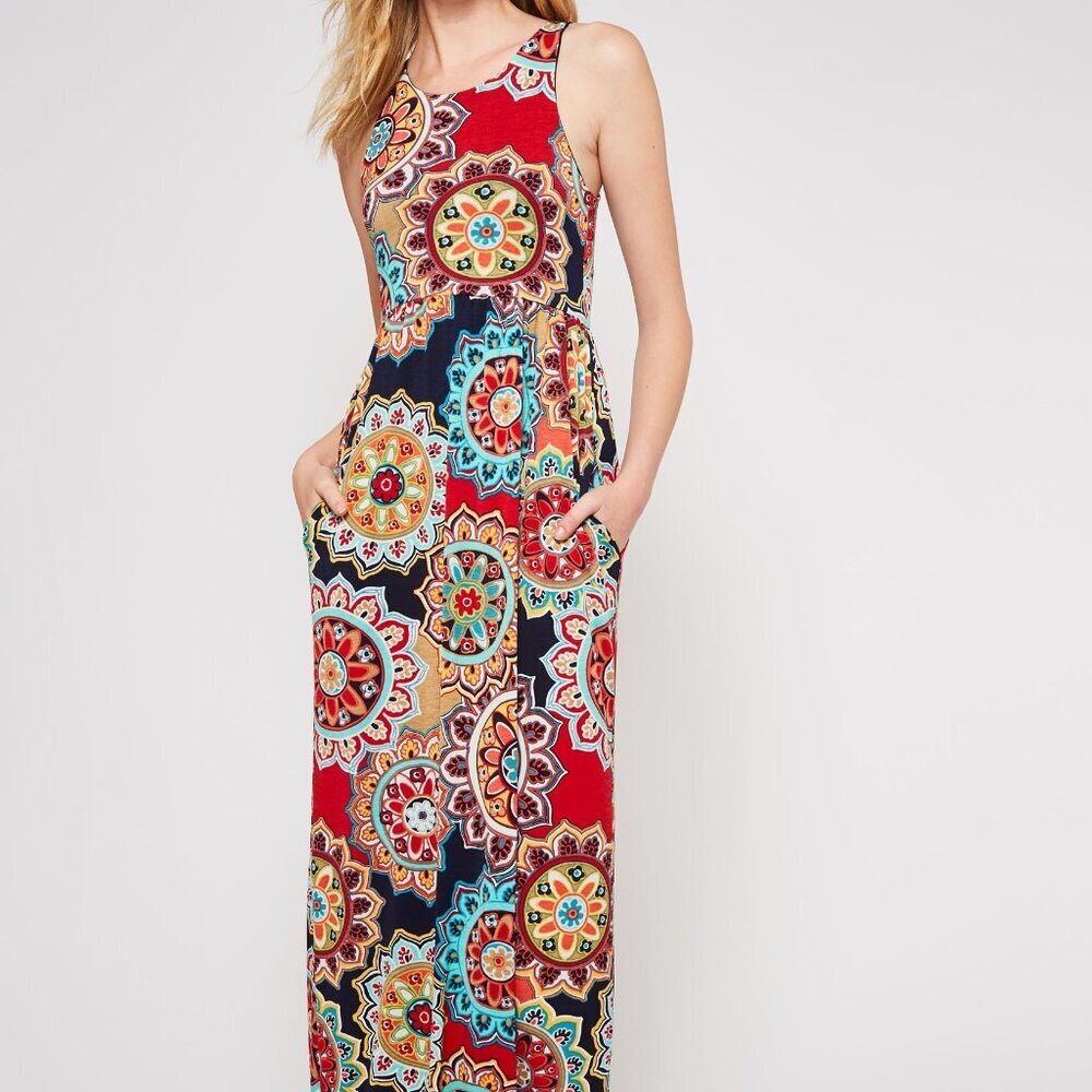 Bohemian Racer-Back Tank Multi-color Navy Red Flower Medallion Maxi Dress XL